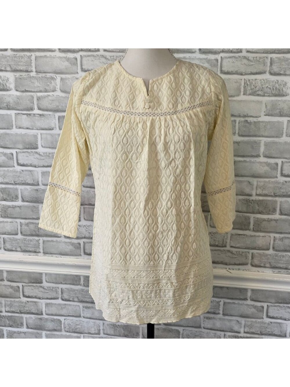 Lucknowi Chikankari Cream Cotton Kurti Top Boho Tunic Embroidered Blouse NWT L